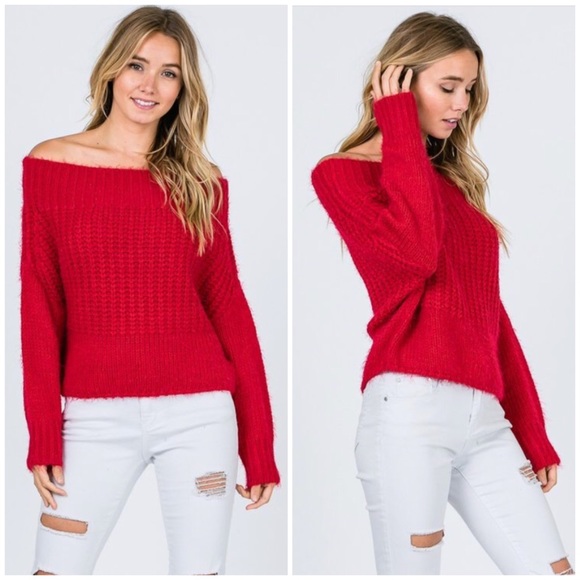 Sweaters - Red Off Shoulder Knit Long Sleeve Sweater